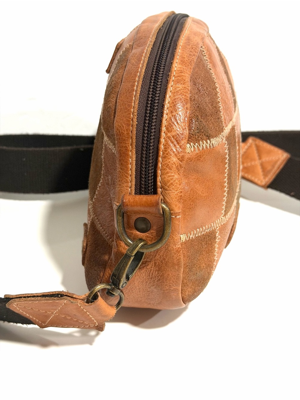 Bed Stu Abundance Patchwork Leather Sling Belt Bag Brown Crossbody Waist Pack - Picture 13 of 16